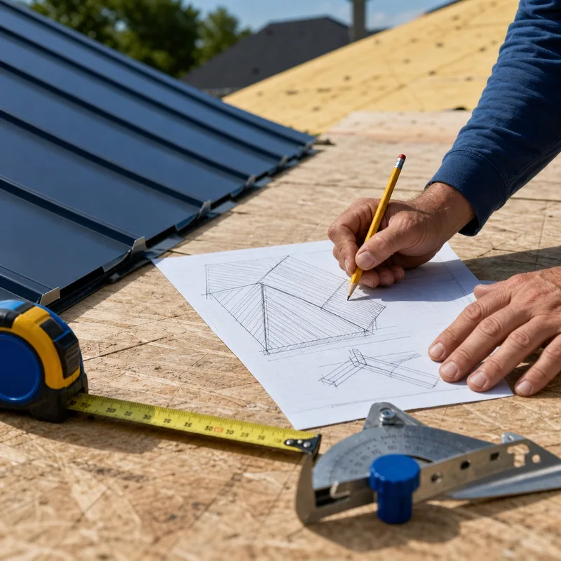 Roof estimate tools including a tape measure, pitch gauge, and roof sketch noting valleys, hips, and panel options