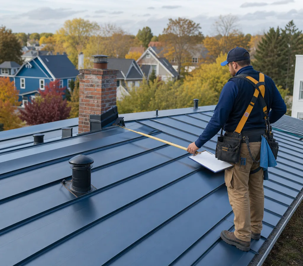 Contractor measuring the roof planes and penetrations of a Dayton-area home during a standing seam metal roof project