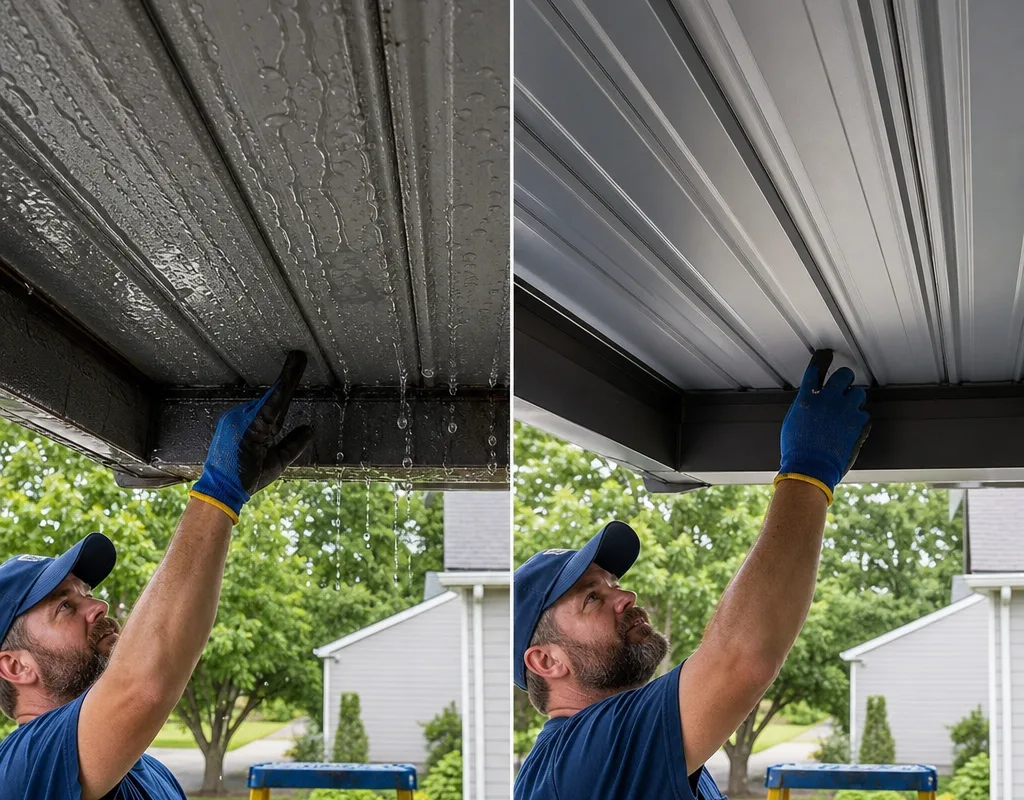 Before and after comparison of condensation beneath metal panels and the dry assembly after airflow and vapor-control corrections
