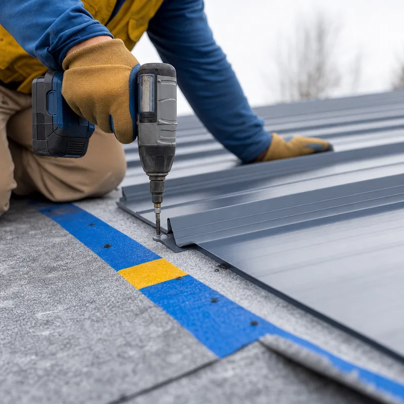 Properly overlapped and sealed condensation-control underlayment beneath metal roofing near a seam and fastener area
