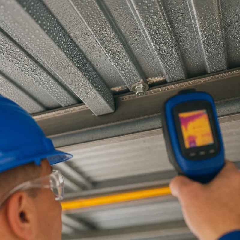 Condensation droplets beneath metal roof panels near fasteners being checked with moisture diagnostic equipment