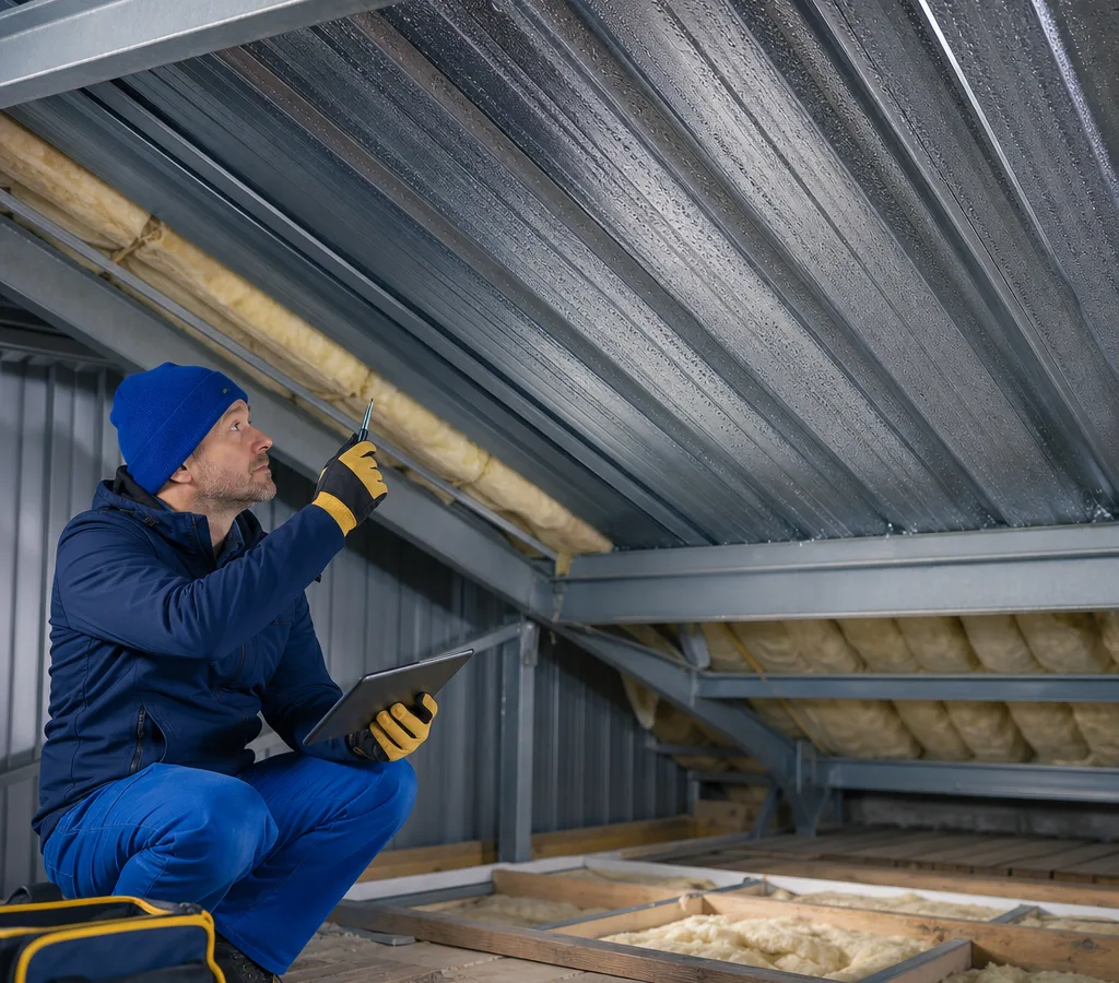 Technician inspecting condensation risk points beneath a metal roof near purlins and insulation