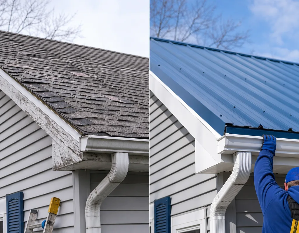 Before and after comparison of aging asphalt shingles and a finished metal roof with rebuilt trim