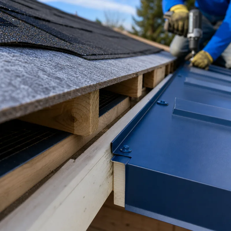 Roof edge showing shingles, underlayment, vent space, metal panel, eave trim, and fasteners