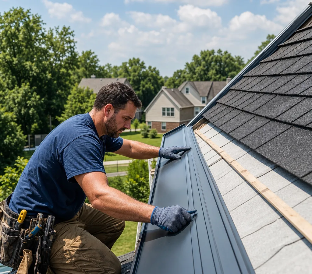 Installer placing a metal panel over an existing asphalt shingle roof on a suburban Dayton home