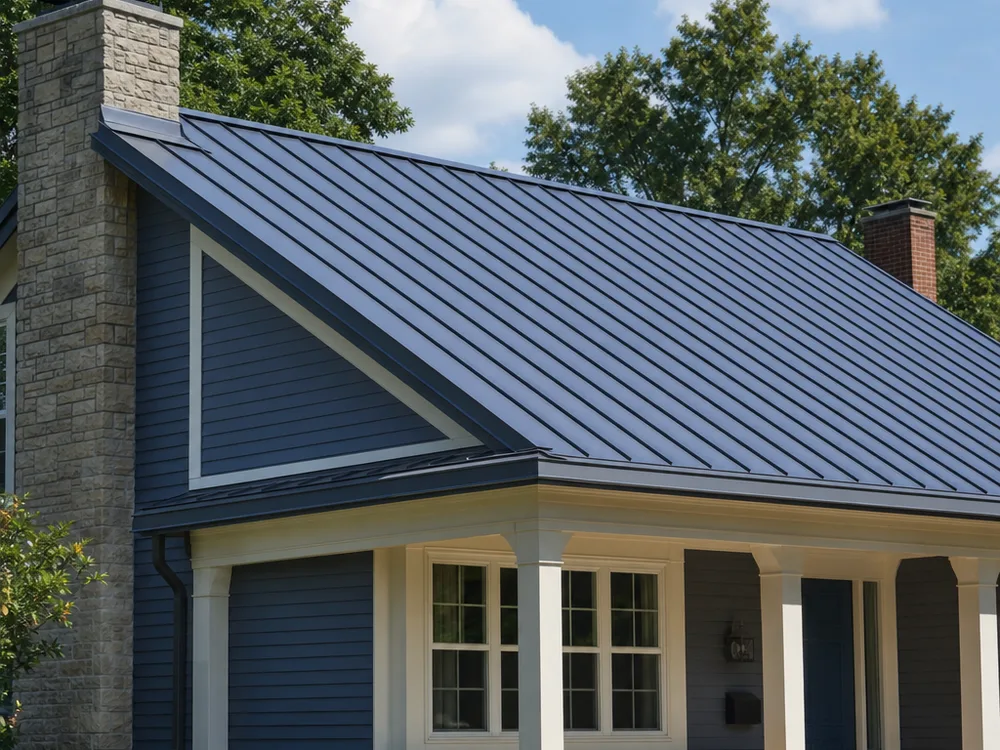 Finished standing seam metal roof with straight panel lines and clean ridge and rake trim on a Dayton-area home