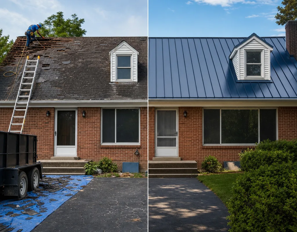 Before-and-after view of an older shingle roof replaced with a metal roof