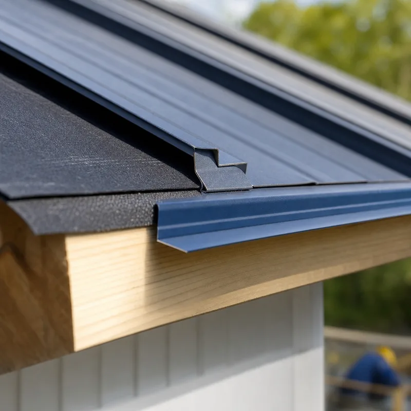Metal roof eave showing drip edge, underlayment termination, and starter alignment