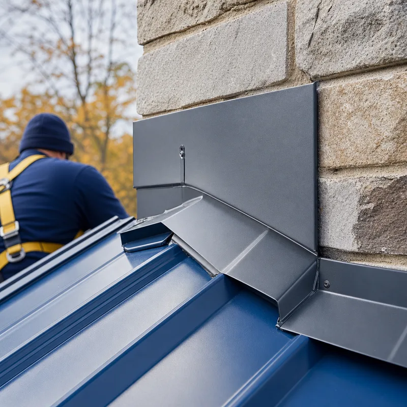 Close-up of chimney step flashing and counterflashing integrated with metal roofing