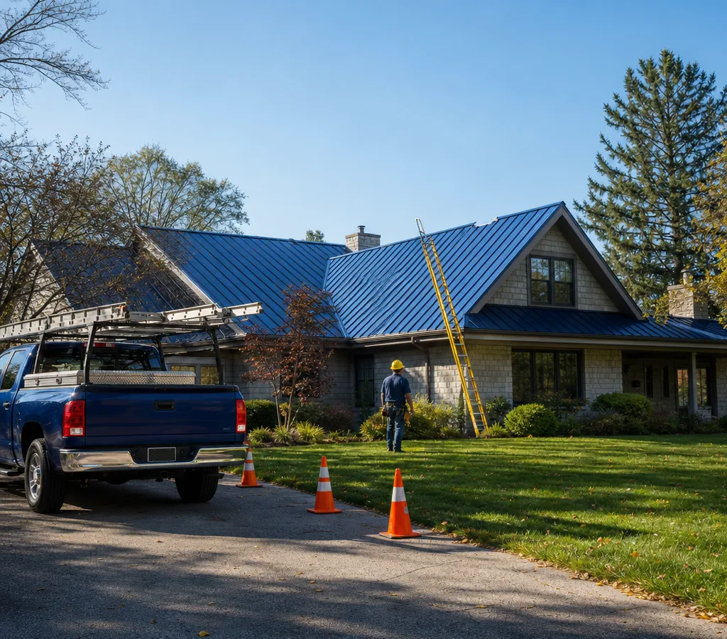 Dayton home with a newly installed standing seam metal roof, installer truck, and safety setup