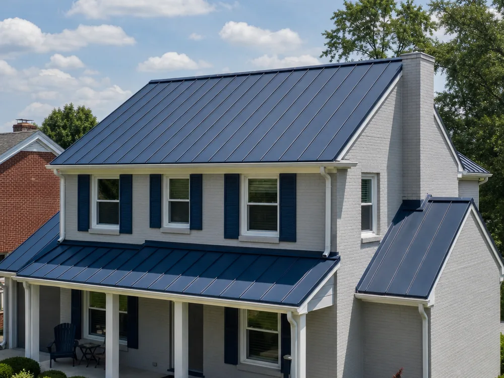 Completed standing seam roof on a two-story Dayton home with straight panel lines and aligned ridge cap