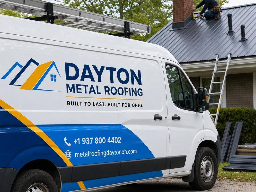 Roofer inspecting chimney flashing and vent pipes with metal panels staged nearby