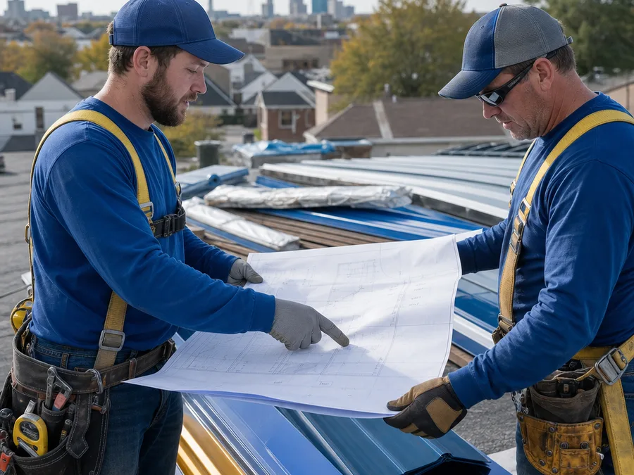 Two-person Dayton roofing crew reviewing plans beside metal panels and trim